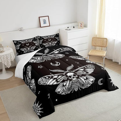 Feelyou Boys Boho Moth Comforter Set Toddler Size Men Gothic Skull Bedding Set for Girls Women Bedroom Decor Bohemian Moon Star Comforter Moth Skull Skeleton Bones Duvet Set Teens Quilt Set