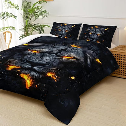 Black & Gold Full Comforter Set Lion，Lion Full Size Bedding Set，with 1 Comforter with 2 Pillow Case，Animal Bedroom Decor for Boys Kids Man