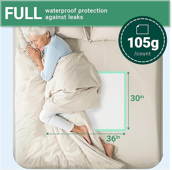 Eco-Friendly Extra Large Ultra Absorbent Bed Pads Disposable Adult 105g (30" X 36" Pack of 50), with Adhesive Strips , Leakproof Incontinence Pee Pads for Adults