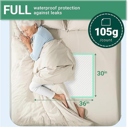 Eco-Friendly Extra Large Ultra Absorbent Bed Pads Disposable Adult 105g (30" X 36" Pack of 50), with Adhesive Strips , Leakproof Incontinence Pee Pads for Adults