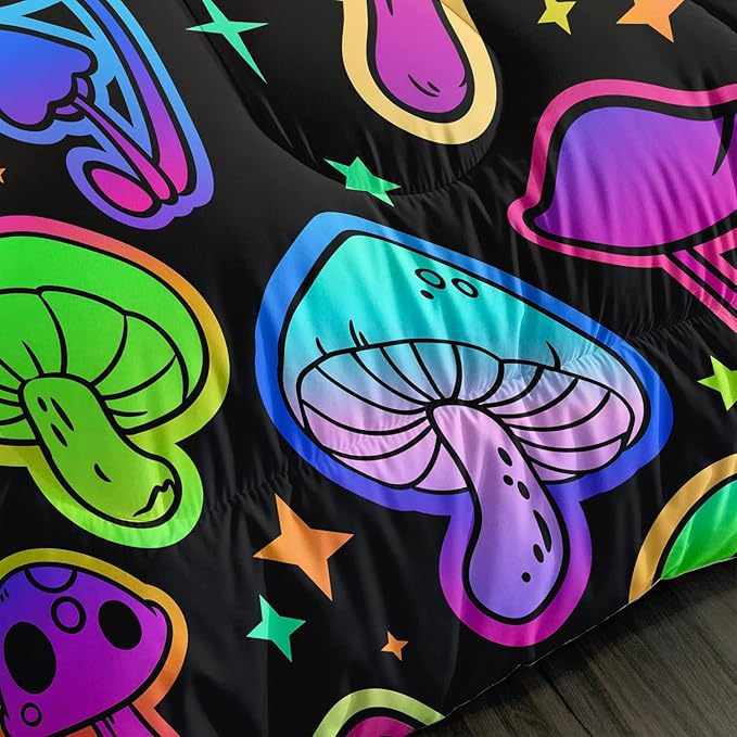 Mushroom Comforter Set Kids Bedding Set Twin,3Pcs Colorful Soft Black Gradient Mushroom Quilt Set Bed in A Bag with 1 Comforter 2 Pillowcases for Kids Boys Girls Teens Adults Room Decor All Season