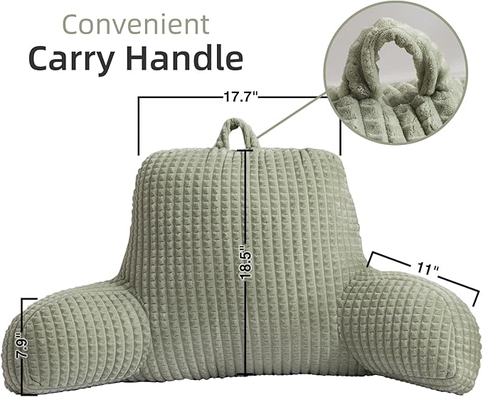 A Nice Night Reading Pillow Bed Wedge Large Adult Children Backrest with Arms Back Support for Sitting Up in Bed/Couch for Lounging Bedrest,Waffle Stereoscopic Design,LightGreen
