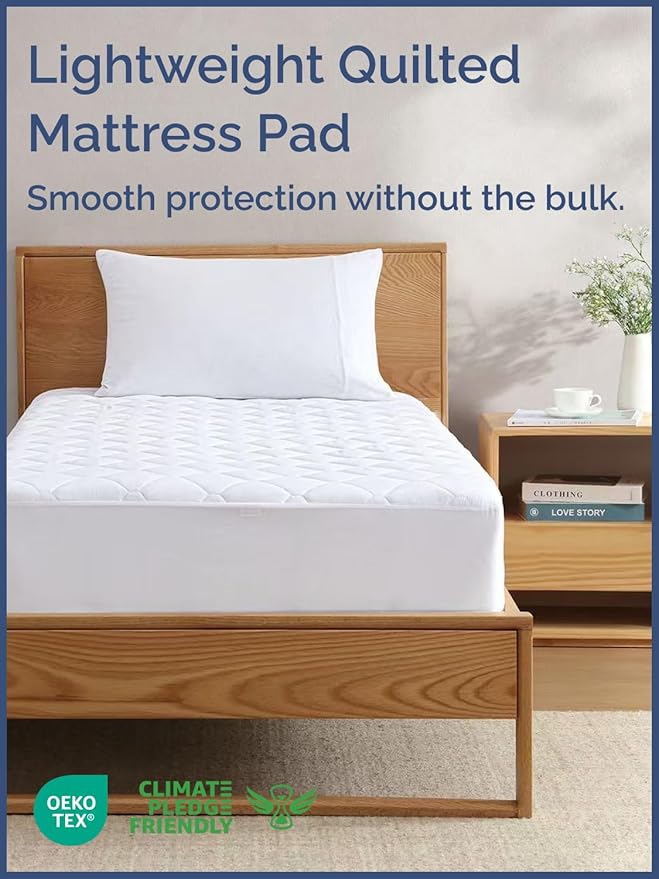 Quilted Fitted Mattress Pad Twin XL Size - Elastic Fitted Mattress Topper Protector & Cover - Breathable, Soft, Low Profile Top Cover with 8-16 Inch Deep Pockets - Easy-Fit & Machine Washable - White