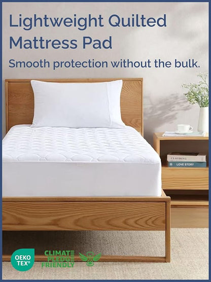 Quilted Fitted Mattress Pad Twin XL Size - Elastic Fitted Mattress Topper Protector & Cover - Breathable, Soft, Low Profile Top Cover with 8-16 Inch Deep Pockets - Easy-Fit & Machine Washable - White