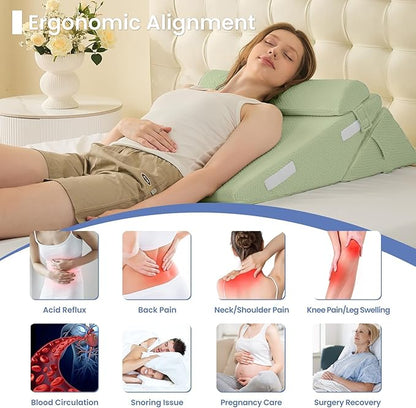 Sasttie Wedge Pillow Set for After Surgery, 2PCS Adjustable Bed Wedge Pillow Headboard with Memory Foam Neck Cushion – for Acid Reflux, Sleeping, Neck & Back Support, Sage