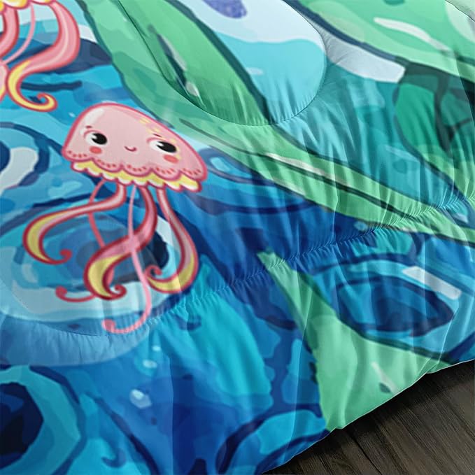 Dolphins Animal Aqua Blue Green Sea Comforter 3pcs Twin Kids Coral Jellyfish Comforter Set for Boys Girls Ocean Waves Bedding Fish Quilt Bed Set with 1 Comforter and 2 Pillowcases