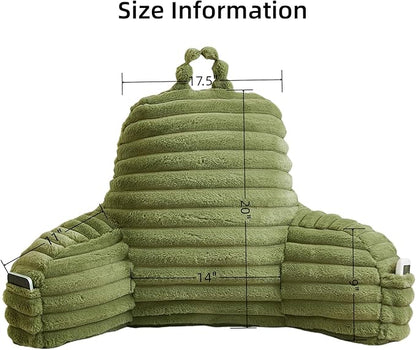 Faux Fur Fluffy Sage Reading Pillow with Pockets, Luxury Striped Plush Decorative, Arm Rests and Back Support for Bed Rest, Lounging on Sofa, Extra Large Size for Adult.