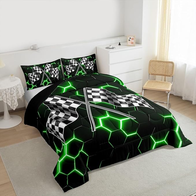 Black White Checkered Flag Comforter Set King Size,Neon Green Light Honeycomb Hexagon Bedding Sets 3pcs for Kids Boys Teens Men Cool 3D Black Quilted Duvet Race Car Duvet Insert Bedroom Decor