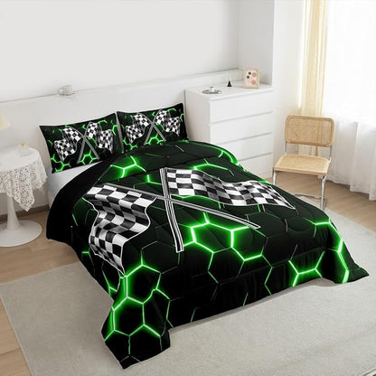 Black White Checkered Flag Bedding Sets Queen Size,Neon Green Light Honeycomb Hexagon Comforter Set 3pcs for Kids Boys Teens Men Cool 3D Black Quilted Duvet Race Car Duvet Insert Bedroom Decor