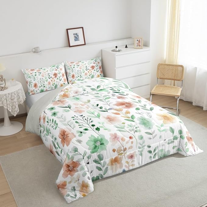 Erosebridal Cute Floral King Comforter Set,Sage Green and Beige Flower Bedding Sets for Kids Girls,Boho Leaves Botanical Plant Bed Set,Rustic Farmhouse Room Decor,2 Pillowcases Breathable