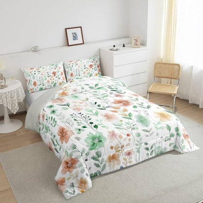 Erosebridal Cute Floral Queen Comforter Set,Sage Green and Beige Flower Bedding Set for Kids Girls,Boho Leaf Botanical Plant Quilt,Rustic Farmhouse Bedroom Decor,2 Pillowcases Breathable