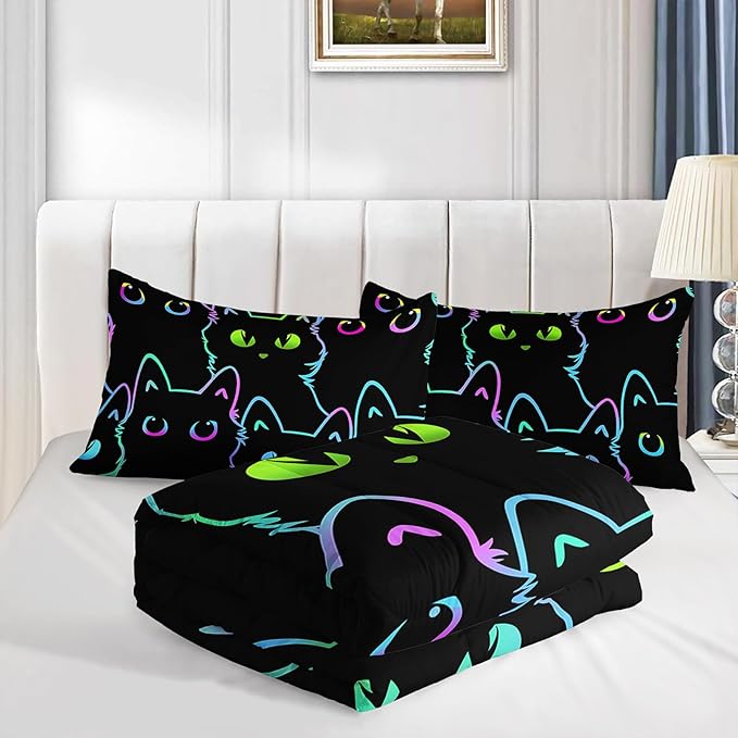 Axolotl Kids Cartoon Cat Bedding Comforter Set,Gradient Line Cute Cat Bedding Set for Teens,Colorful Neon Cats Comforter for Boys Girls Adults,1 Animal Quilt 2 Pillow Cases,King Size Black