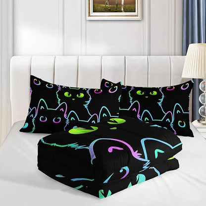 Axolotl Kids Cartoon Cat Bedding Comforter Set,Gradient Line Cute Cat Bedding Set for Teens,Colorful Neon Cats Comforter for Boys Girls Adults,1 Animal Quilt 2 Pillow Cases,King Size Black