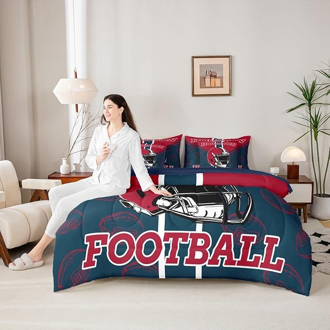 Feelyou Football Comforter Set with Sheets 7 Piece Full Size Ball Games Bed in a Bag Kids Boys Girls Rugby Bedding Set City of Footballs Bedroom Decor Rugby Sports