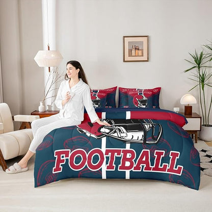 Feelyou Football Comforter Set with Sheets 7 Piece Twin Size Ball Games Bed in a Bag Kids Boys Girls Rugby Bedding Set City of Footballs Bedroom Decor Rugby Sports