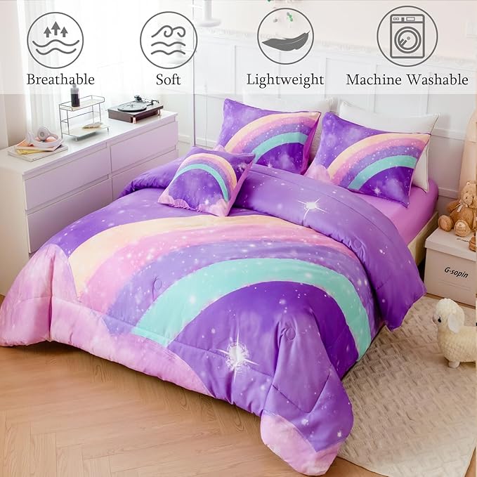 ANGIYUIN Deep Purple Rainbow Kids Comforter Set Twin 6 Pieces Gradient Glitter Bedding for Girls 3D Galaxy Nebula Bed Set with Sheets for All Season