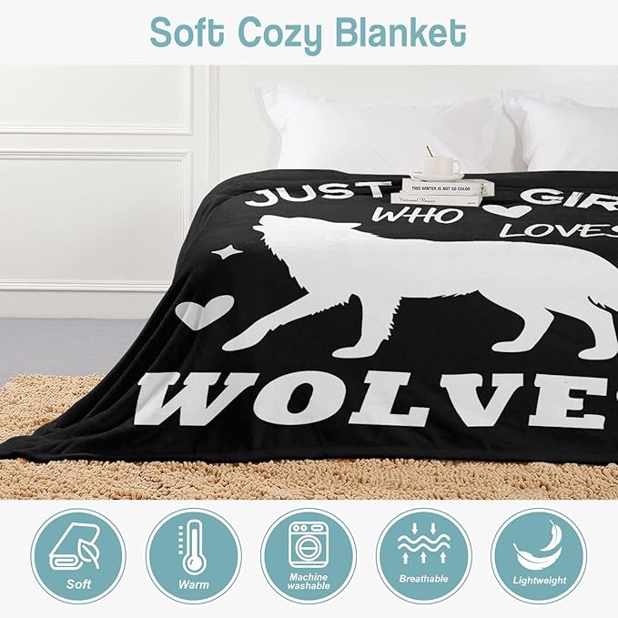 Wolf Lover Blanket, Just A Girl Who Loves Wolves Blanket, Soft Warm Cozy Fleece Throw, Gifts for Girls Women Kids, 60"x80", Black