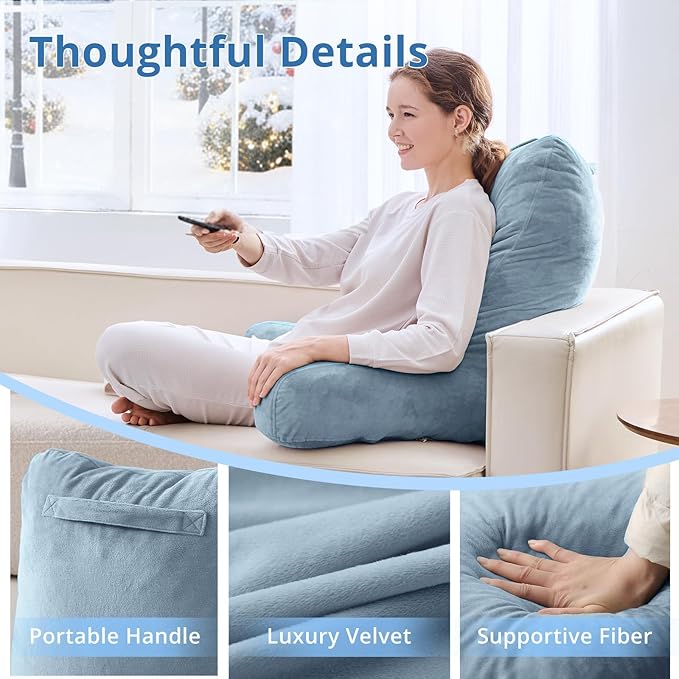 Sasttie 25-inch Reading Pillows for Sitting in Bed Adult, Jumbo Velvet Back Pillow Bed Sitting Up, XL High Back-Rest Support Cushion for Sit Up on Couch & Floor, Oeko-Tex Certified, Greyish Blue
