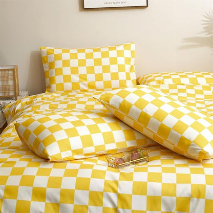 Wellboo Yellow and White Comforter Sets California King Women Men Checkerboard Grid Bedding Comforters Cotton Boys Girls Modern Light Yellow Checkered Geometric Quilts Luxury Plaid Bed
