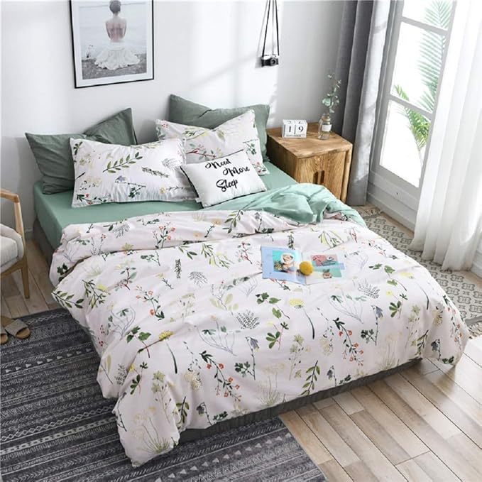 Floral Duvet Cover Queen 100% Soft Cotton 3 Pieces Queen Botanical Bedding Set Reversible Floral Themed Blossom Fresh Plant Duvet Cover, with Zipper Closure, Breathable (No Comforter)