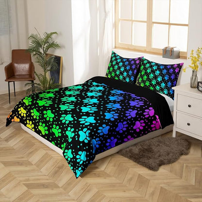 Castle Fairy Dog Paw Print Duvet Cover Set Twin Size,Rainbow Gradient Puppy Paw for Dog Lover Comforter Cover for Kids Boys Bedroom Gift,Funny Pets Animal Bedding Set with 1 Pillowcase, Polyester