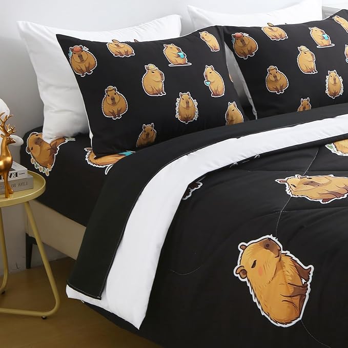 Wajade Capybara Comforter Set 7 Piece Cute Black Animal Bedding Set Capybara for Boys Girls Room Decoration Queen Size with Sheet and 2 Pillowcases 2 Pillow Shams Cute Bed in a Bag as Birthday Gift