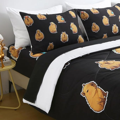 Wajade Capybara Comforter Set 7 Piece Cute Black Animal Bedding Set Capybara for Boys Girls Room Decoration Queen Size with Sheet and 2 Pillowcases 2 Pillow Shams Cute Bed in a Bag as Birthday Gift