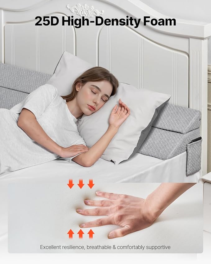 VEVOR Bed Wedge Pillow for Headboard, King Size, 76"x10"x6" Bed Gap Filler, Fill 0-7" Gap Between Headboard and Mattress, 25D Foam Mattress Wedge Headboard Pillow with Side Pocket, for Backrest, Gray