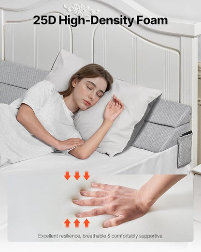 VEVOR Bed Wedge Pillow for Headboard, King Size, 76"x10"x6" Bed Gap Filler, Fill 0-7" Gap Between Headboard and Mattress, 25D Foam Mattress Wedge Headboard Pillow with Side Pocket, for Backrest, Gray