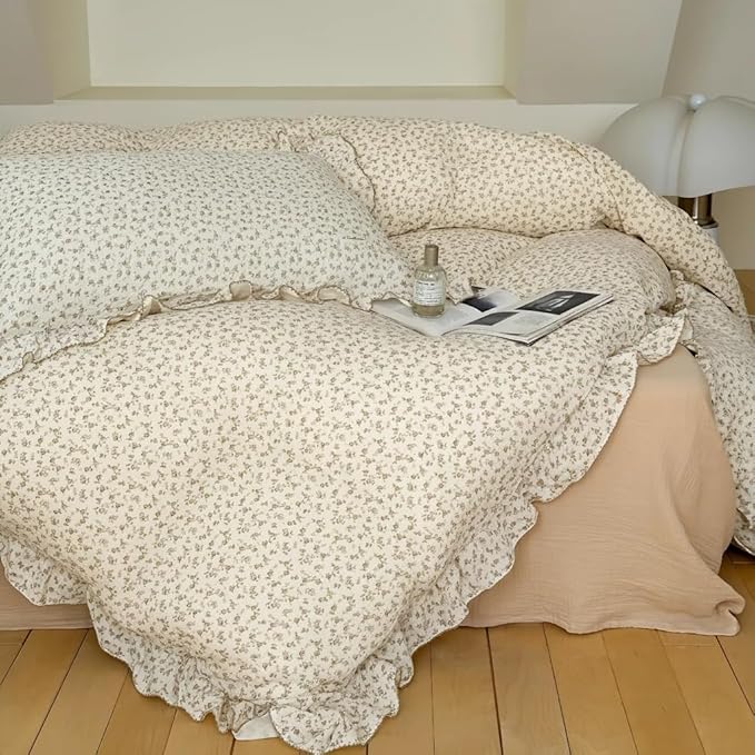 BuLuTu Shabby Chic Floral Duvet Cover for King Size Bed, Muslin Cotton Comforter Cover Set, Beige Camellia Flower Print Bedding Kids Teens Young Adults Quilt Cover with 2 Pillow Cases