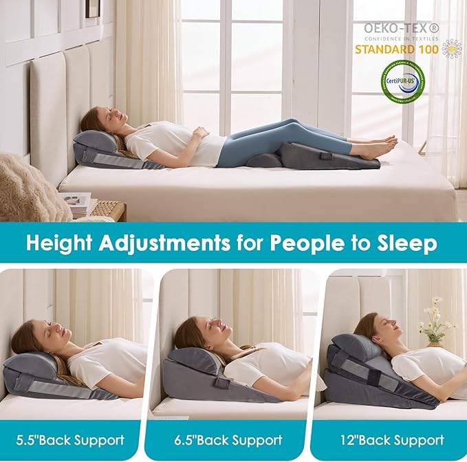 3Pcs Wedge Pillow Set for After Surgery,Acid Reflux Relief, Adjustable Bed Wedge Pillows for Sleeping,Anti Snore, Memory Foam Triangle Pillow for Back&Neck&Shoulder Pain Relief, Plush Grey