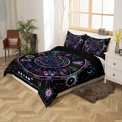 Sun and Moon Duvet Cover Set Queen Size,Starry Galaxy Zodiac Constellation Bedding Set 3Pcs for Kids Boys Girls Room Decor,Neon Blue Purple Comforter Cover Hippie Boho Quilt Cover,2 Pillowcases