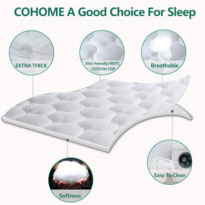 COHOME Mattress Topper Full 1300 GSM Extra Thick Cooling Mattress Pad 400TC Cotton Top Plush Down Alternative Fill Pillow Top Mattress Cover with 8-21 Inch Deep Pocket (54x75 Inches, White-Luxury)