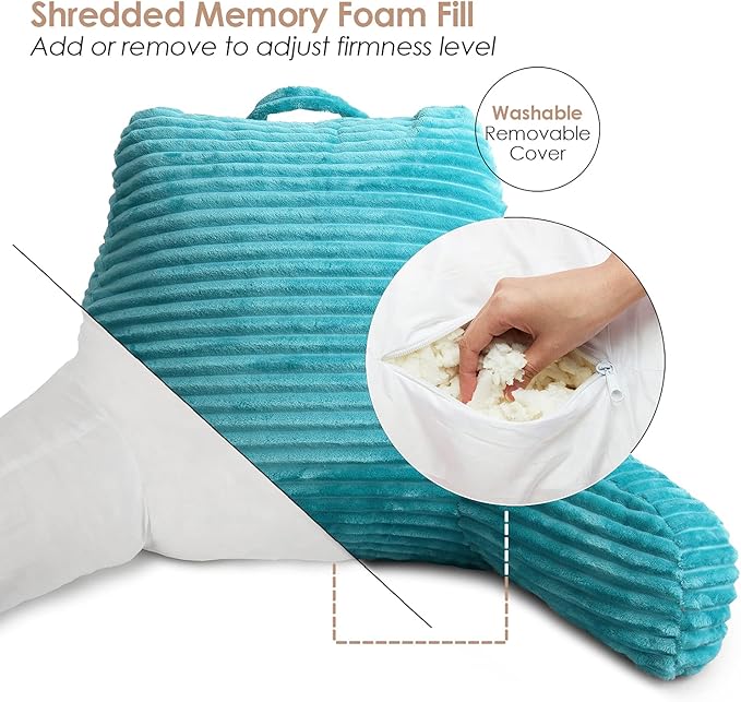 Clara Clark Reading Pillow for Kids – Back Pillow for Sitting in Bed, Plush Bed Pillows for Sitting Up in Bed, Teal Kids Reading Pillow, Shredded Foam Bed Chair Pillow with Arms and Pockets