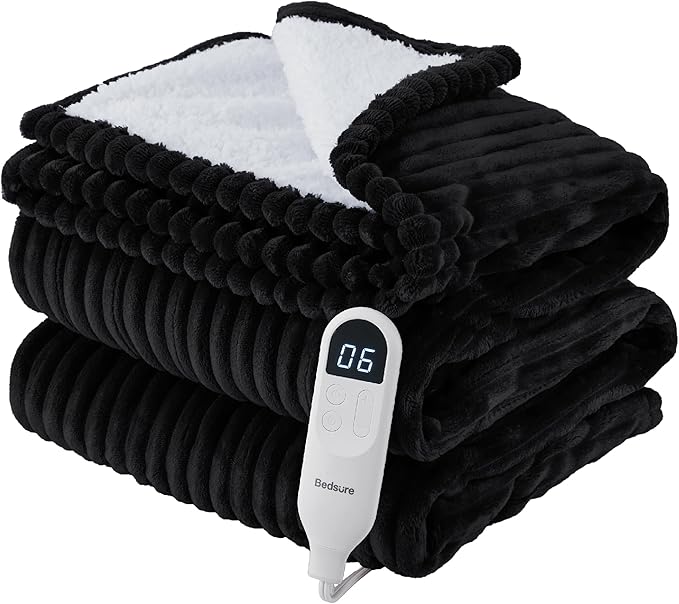 Bedsure GentleSoft Electric Blanket Full Size - Soft Ribbed Flannel Heated Blanket with 6 Heat Settings, Heating with 10 Time Settings, 8 hrs Timer Auto Shut Off, Gifts for Grandma (72"x84", Black)