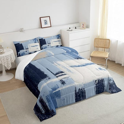 Feelyou Abstract Bedding Set Comforter Set for Kids Boys Girls Teens Room Decor Modern Abstract Art Comforter Light Blue Black Grey Duvet Set 3Pcs Queen Size