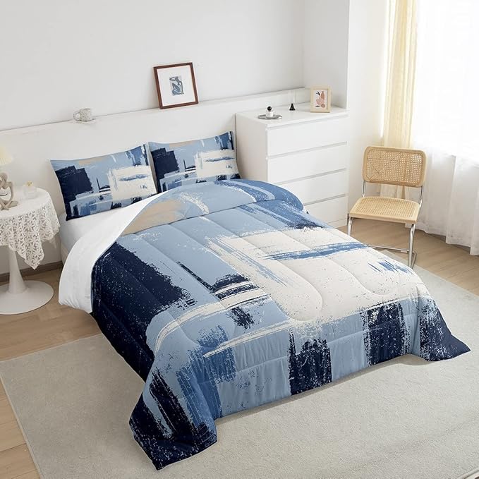 Feelyou Abstract Bedding Set Comforter Set for Kids Boys Girls Teens Room Decor Modern Abstract Art Comforter Light Blue Black Grey Duvet Set 3Pcs Full Size