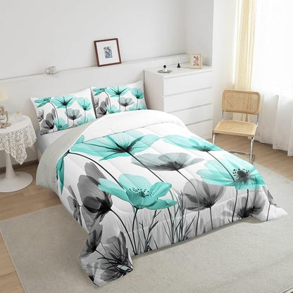 Erosebridal Teal Floral Full Comforter Set,Teal and Gray Flower Bedding Sets for Kids Girls Women,Farmhouse Flowers Bed Set,Boho Flowers Wildflower Room Decor with 2 Pillowcases,Ultra Soft