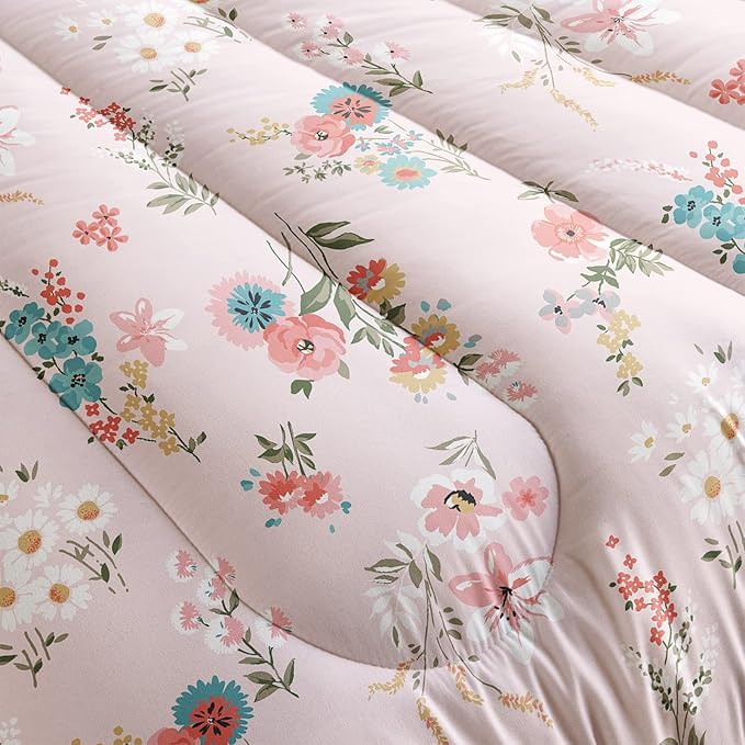 QOOMO Floral Comforter King Size,Pink Floral Kids Comforter Set,3Pcs Bedding Set Printed Comforter with 2 Pillowcases,Down Alternative,Soft and Lightweight,for All Seasons