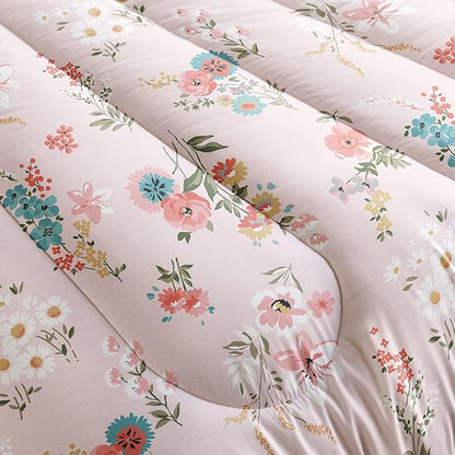 QOOMO Floral Comforter King Size,Pink Floral Kids Comforter Set,3Pcs Bedding Set Printed Comforter with 2 Pillowcases,Down Alternative,Soft and Lightweight,for All Seasons
