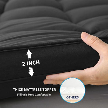 Mattress Topper with Deep Pocket, Extra Thick Pillow Top Mattress Pad, Breathable & Cooling Mattress Cover, Fits 8-21 Inch, Soft Support for Back Pain Relief, Mattress Protector (Queen, Black)