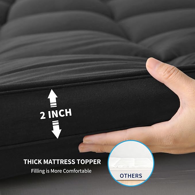Mattress Topper with Deep Pocket, Extra Thick Pillow Top Mattress Pad, Breathable & Cooling Mattress Cover, Fits 8-21 Inch, Soft Support for Back Pain Relief, Mattress Protector (King, Black)