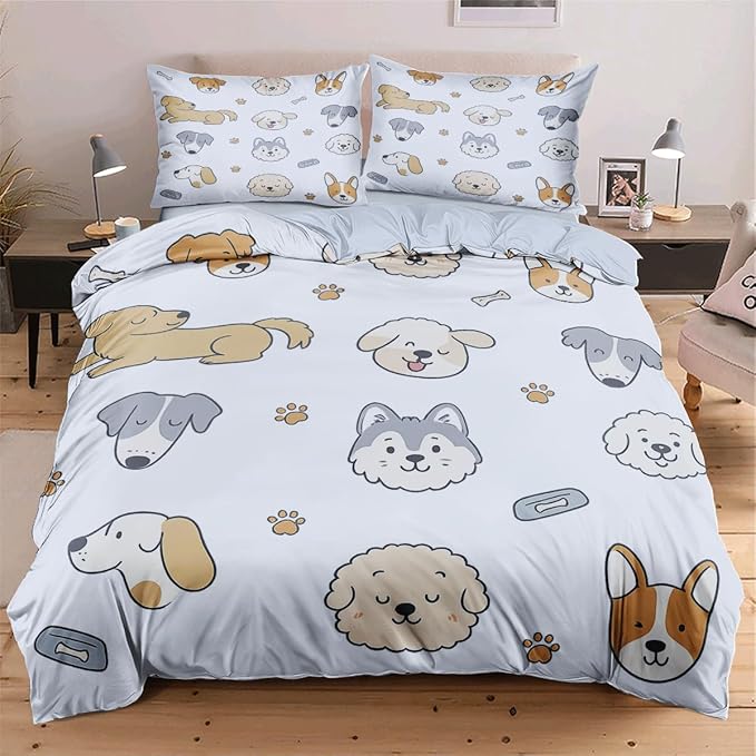 Blue Dog Duvet Cover Sets King Size for Kids Boys Girls Teens, Cute Cartoon Comforter Cover with 1 Duvet Cover 79x90 Inches and 2 Pillowcases 20x26 Inches (King,No Comforter)