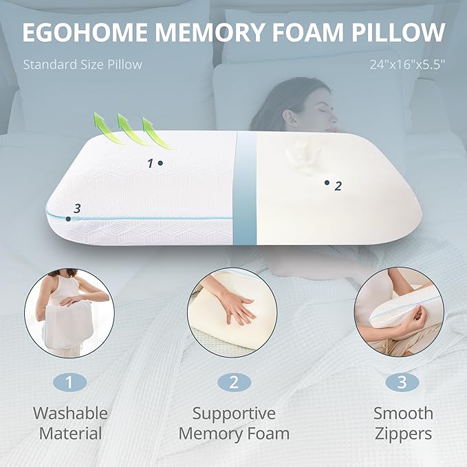 EGOHOME Memory Foam Pillow for Sleeping Standard Size, Medium Soft Bed Pillow with Washable Removable Cover for Back, Stomach, Side Sleepers, White 24" x 16"