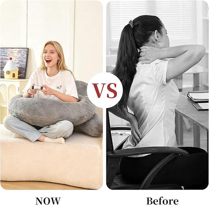 Reading Pillow for Bed,U Shaped & Back Support Pillow for Bed,19" Backrest with Lumbar & Arm Support,Luxurious Faux Rabbit Fur,Gaming PillowFor Crochet/Reading/Watching TV,Gray