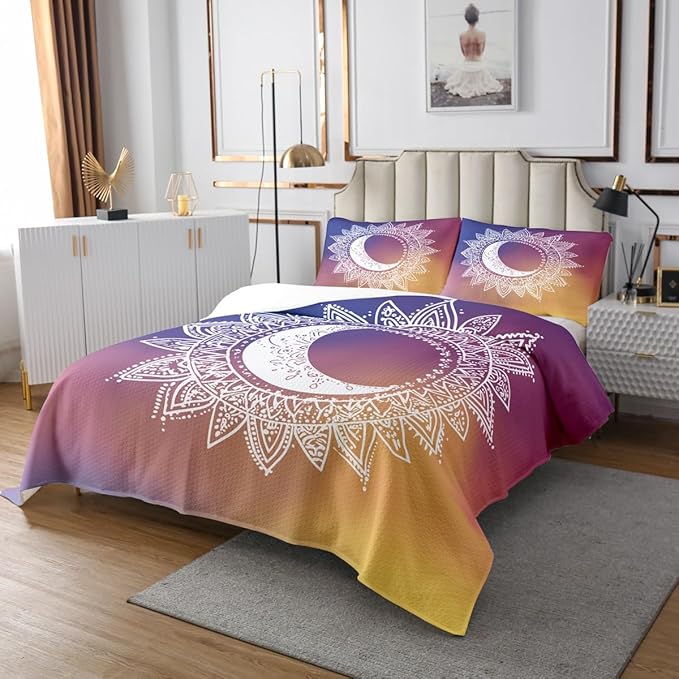 Erosebridal Mandala Bedding Set Exotic Boho Bedspread for Kids Child Boys Girls,Sun Moon Coverlet Set Tribal Trippy Quilt Set Boys Bohemian Style Bedroom Decor Queen Size