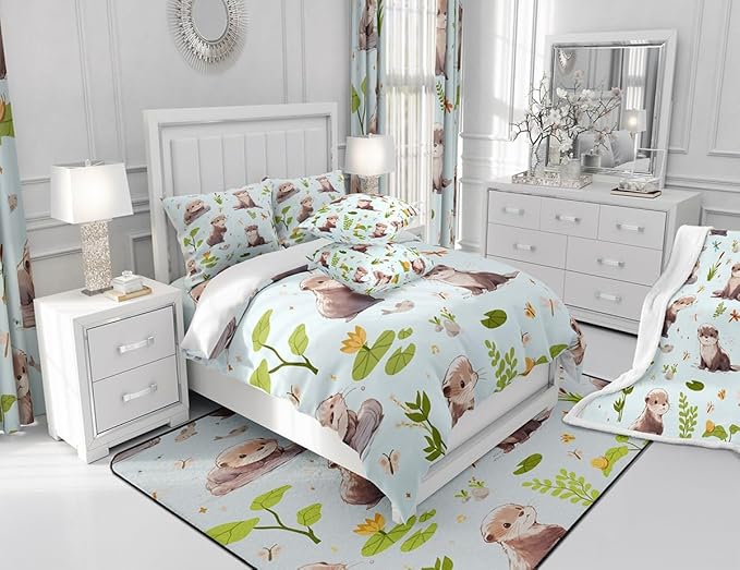 Watercolor Otter Comforter Set Queen Size Cartoon Fish Wild Butterfly Dragonfly Bedding Comforter for Kids Boys Girls Teens Pond Green Lotus Leaf Cute Animals Bedroom Quilt Set with 2 Pillowcases