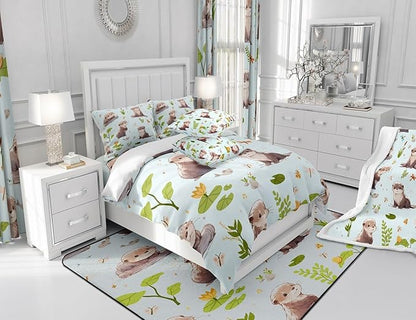 Watercolor Otter Comforter Set Queen Size Cartoon Fish Wild Butterfly Dragonfly Bedding Comforter for Kids Boys Girls Teens Pond Green Lotus Leaf Cute Animals Bedroom Quilt Set with 2 Pillowcases