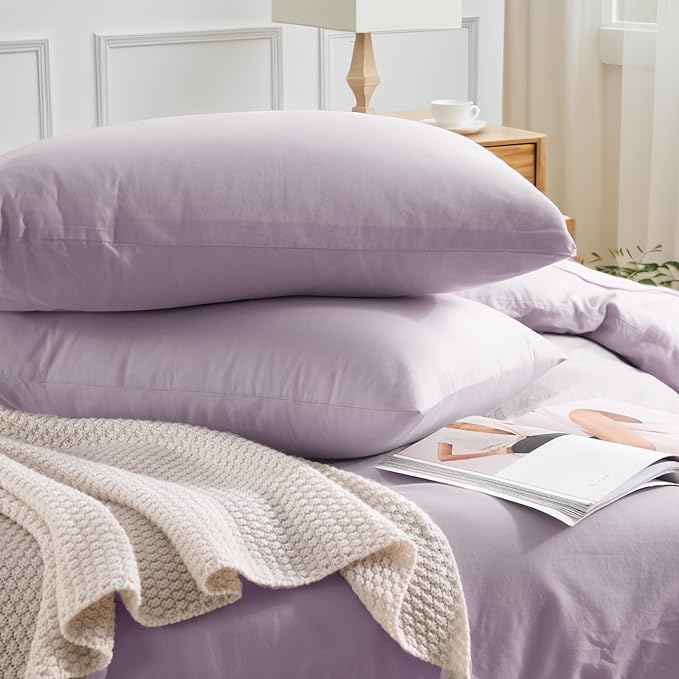 NEXHOME PRO Duvet Cover Set King Size Linen Feel Textured Organic Natural 100% Washed Cotton Duvet Cover Purple Lavender Lilac 3 Pieces Bedding Set with Zipper Closure, Breathable (No Comforter)