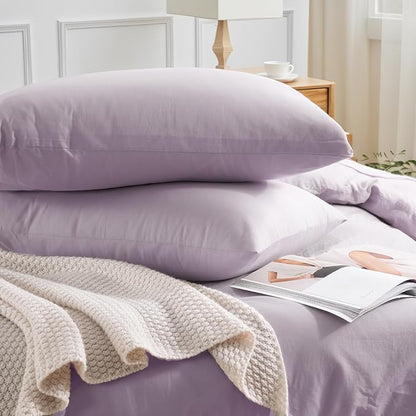 NEXHOME PRO Duvet Cover Set 100% Washed Cotton California Kingn 104"x98", Organic Natural Linen Look Textured 3 Pieces Bedding Set Lavender Lilac with Zipper Closure, Breathable Soft(No Comforter)